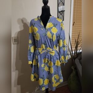 Blue and Yellow Striped Floral Long-Sleeve Tie-Waist Dress